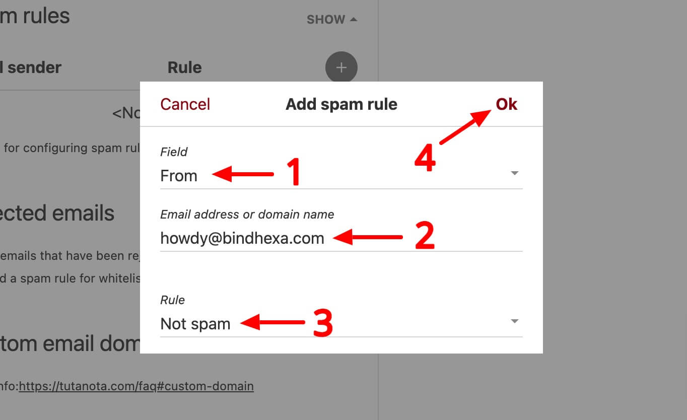 Add spam rule for email address in Tutanota