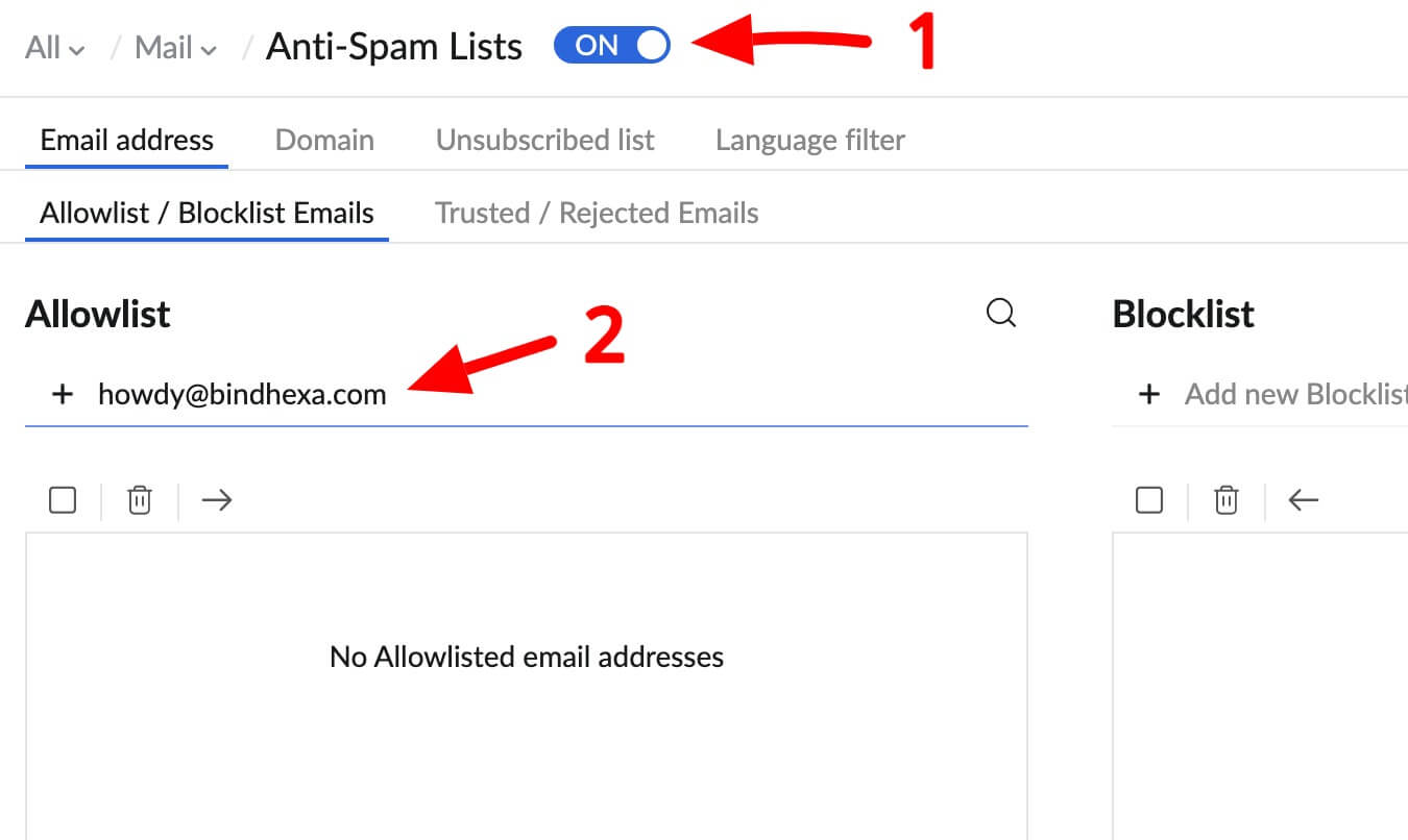 Allowlist email address in Zoho Mail