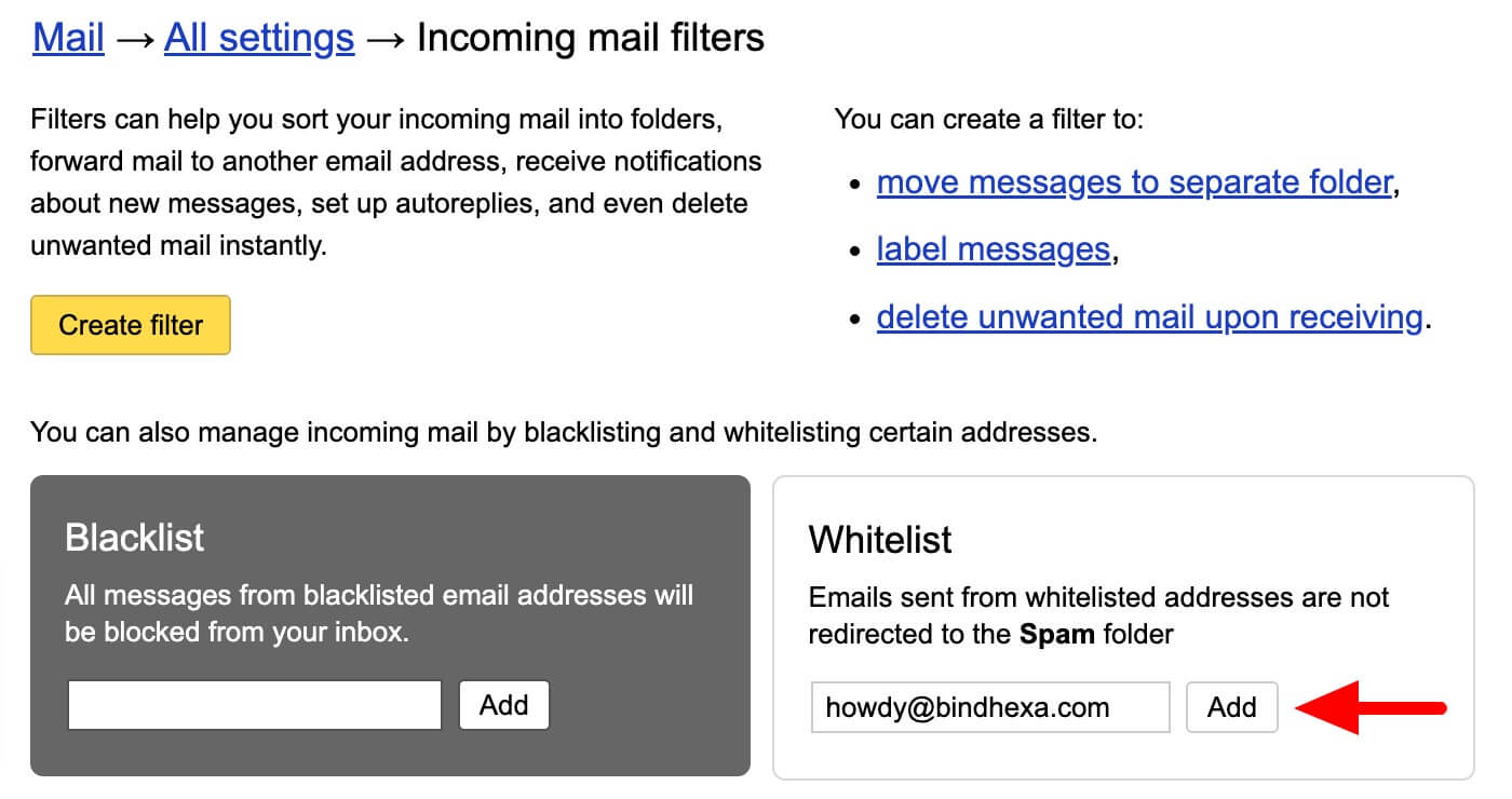 Whitelist email address in Yandex.Mail