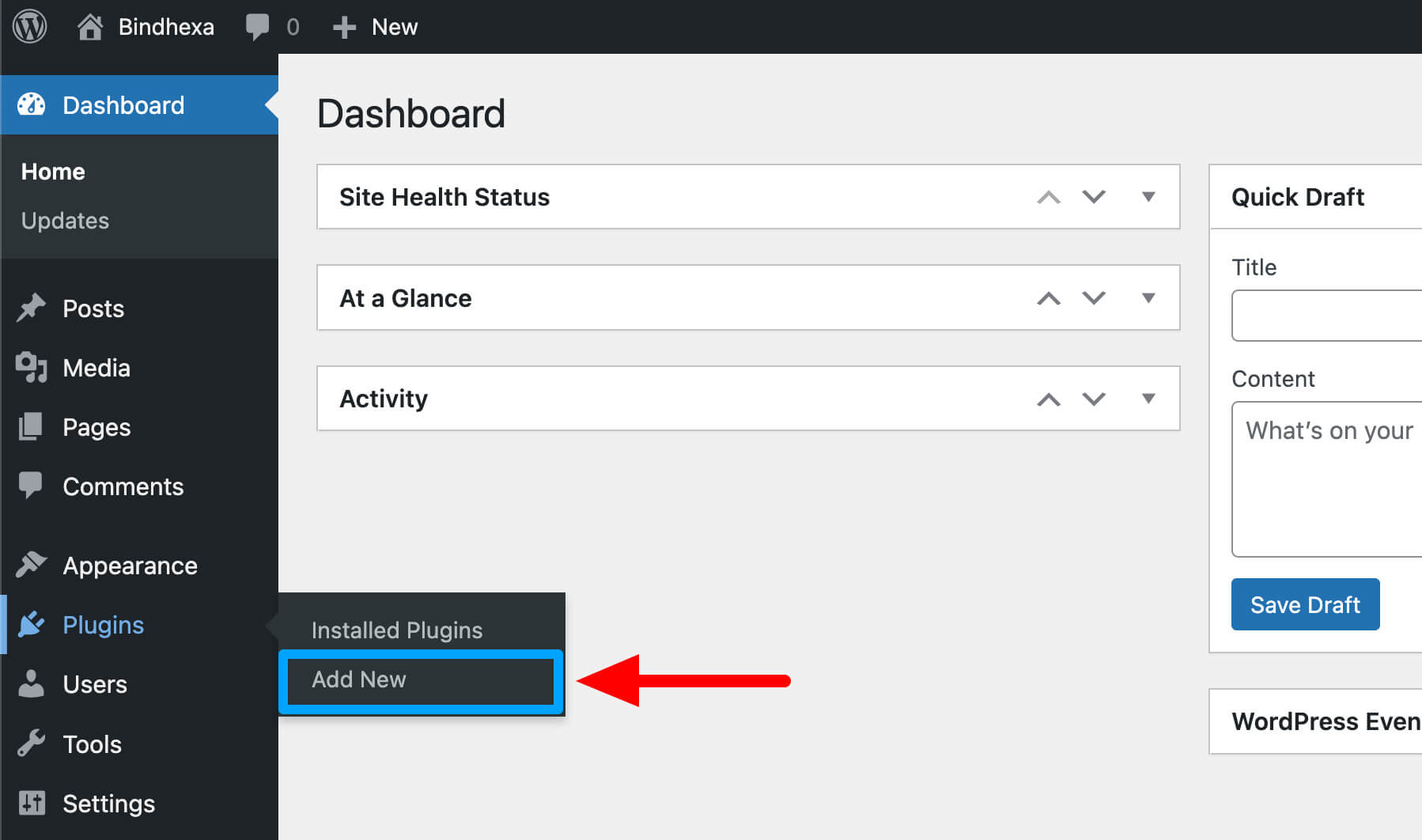 Add New option under the Plugins option in the WordPress admin dashboard