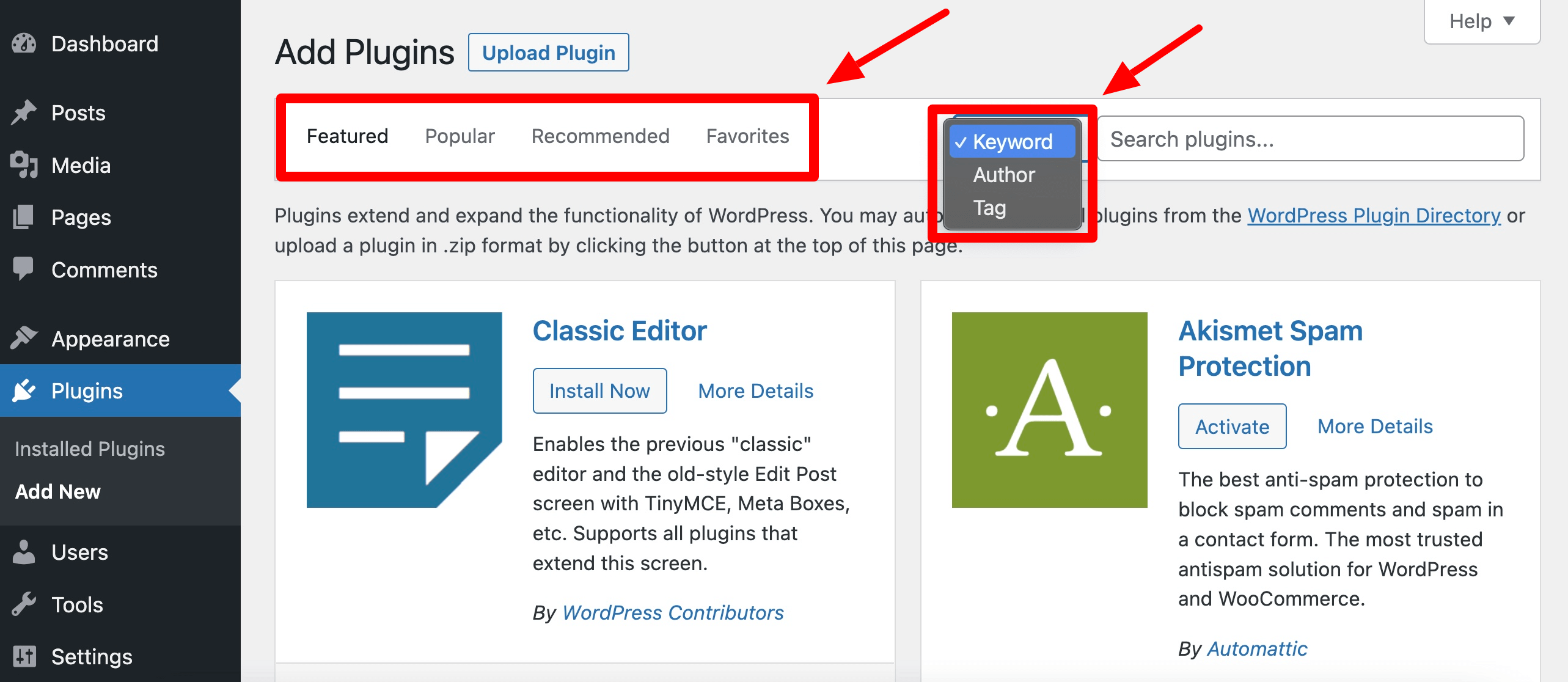 Filter plugins in WordPress admin dashboard