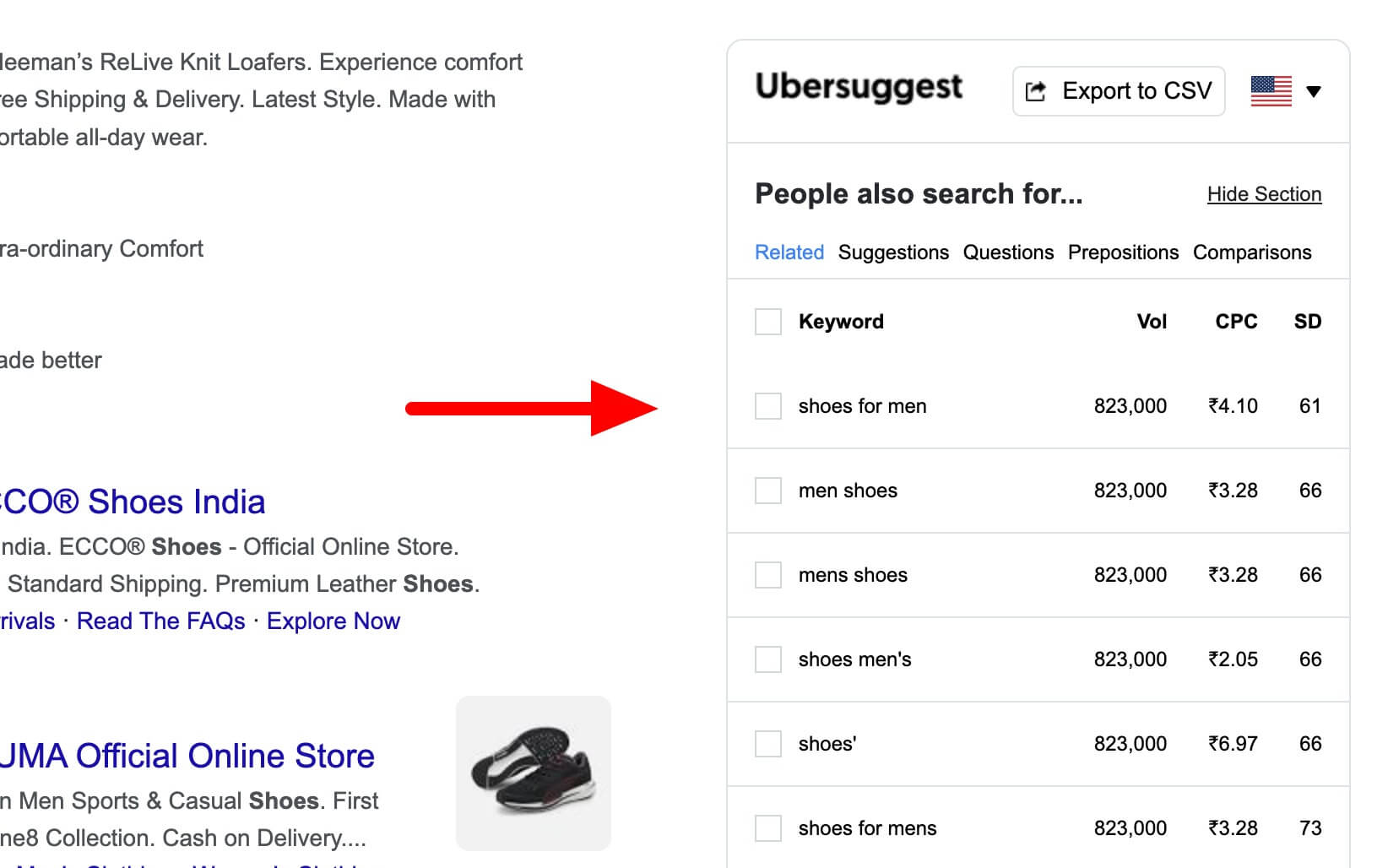 Keyword ideas from Ubersuggest browser extension