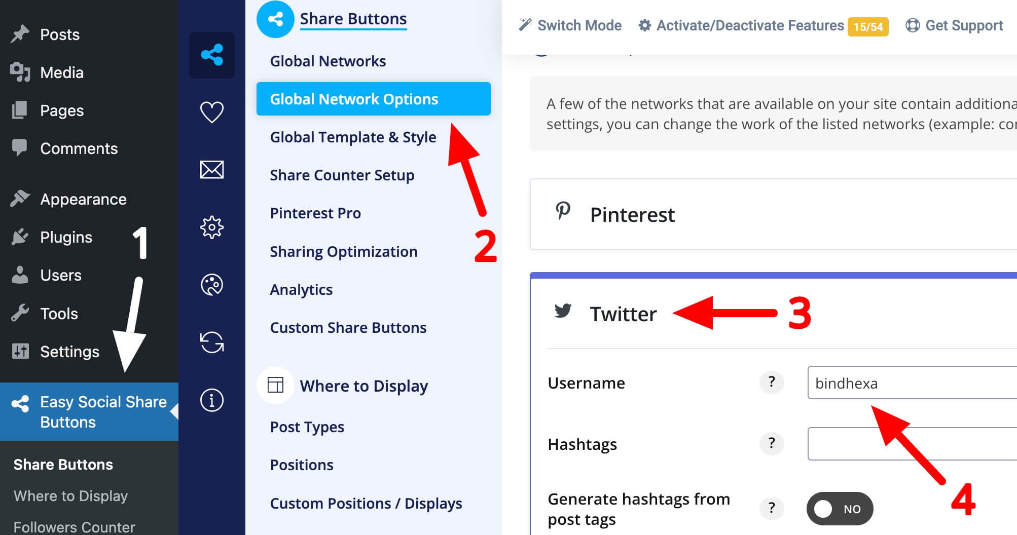 Add Twitter username in Easy Social Share Buttons