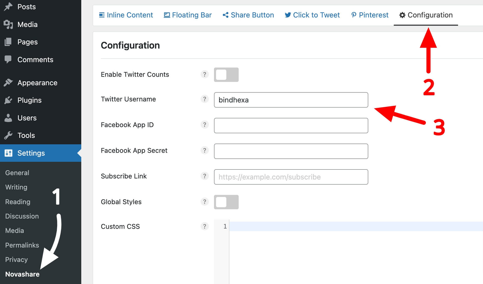 Add Twitter username in Novashare