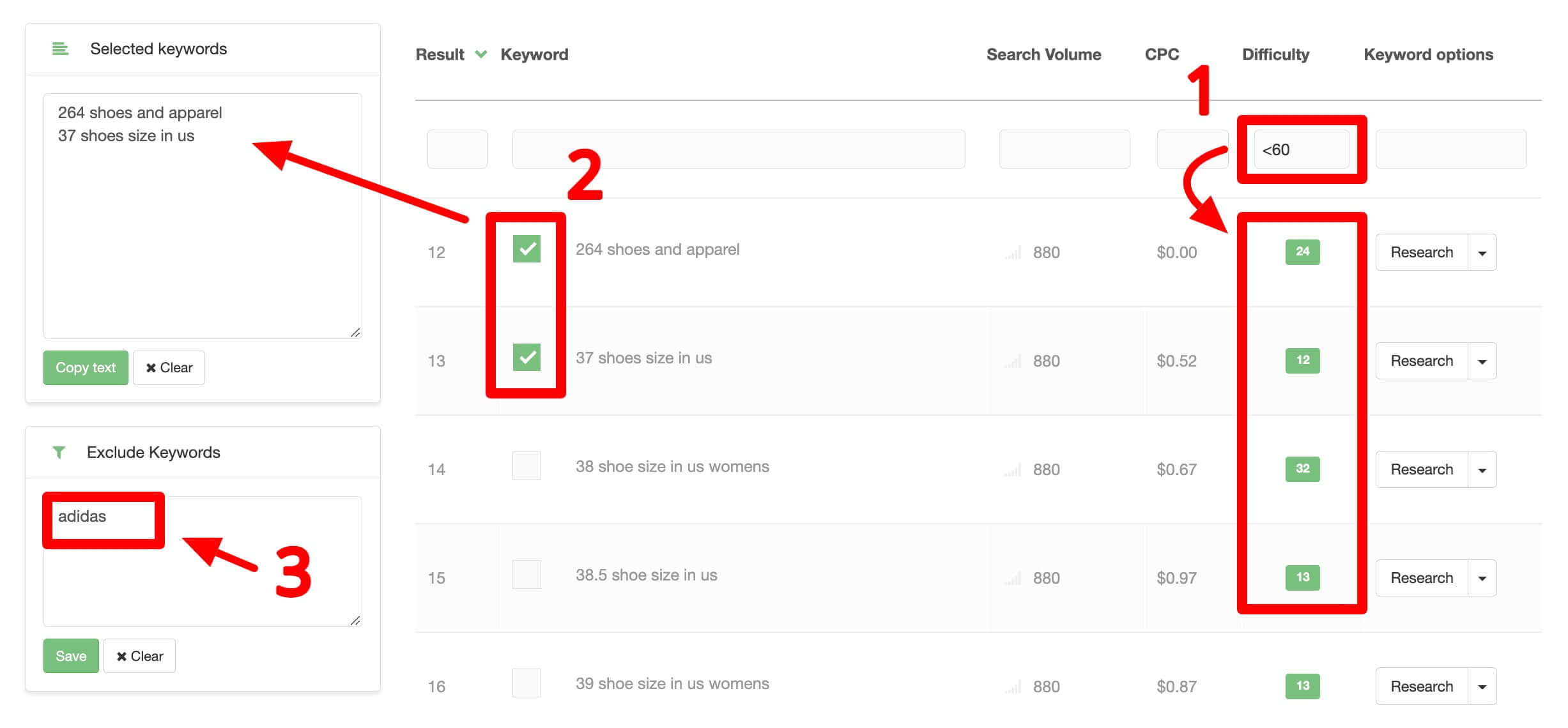 Filter, select, and exclude keywords from the results
