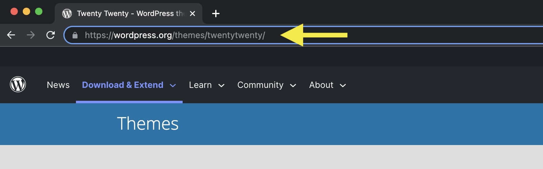 URL of an example theme in the address bar of the browser