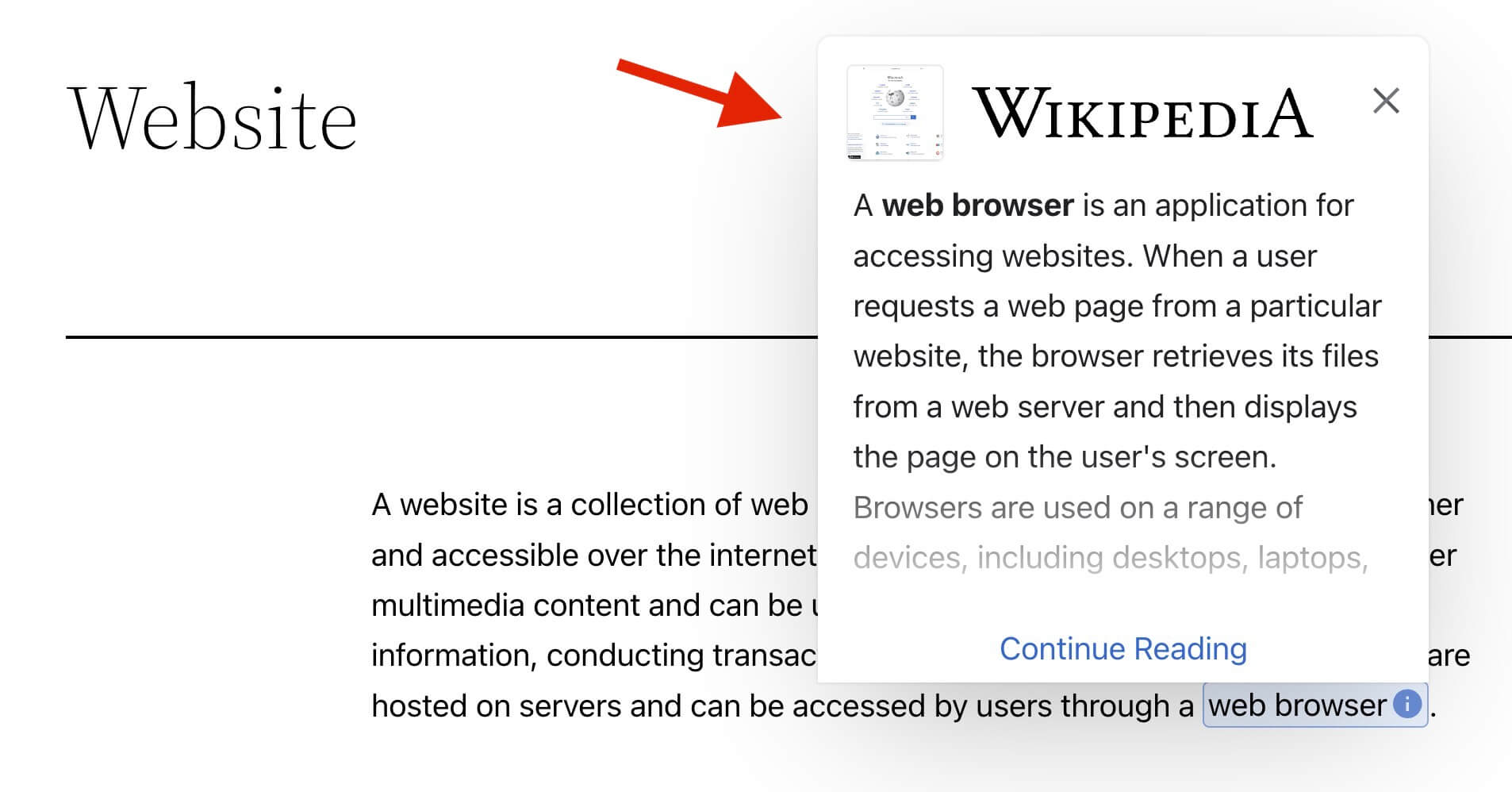 Popup showing information from Wikipedia on the site