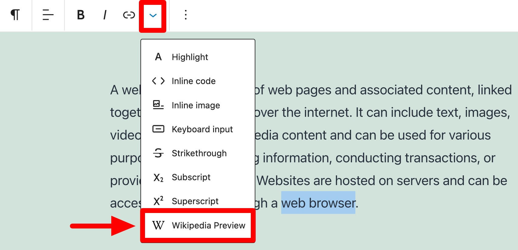 Wikipedia Preview option under More option in Toolbar